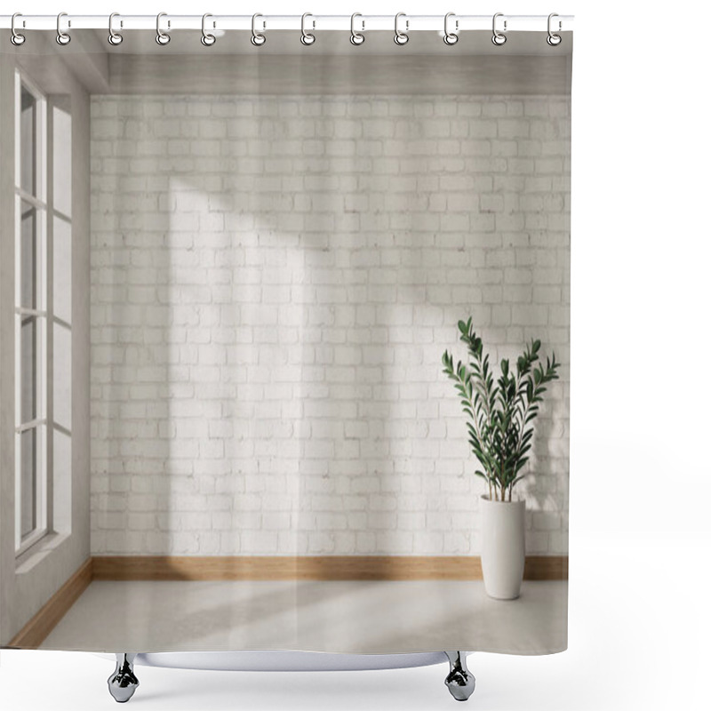 Personality  Empty Room. Minimalist White Empty Room With A Houseplant, White Brick Wall, And Window. 3d Render, 3d Illustration Shower Curtains