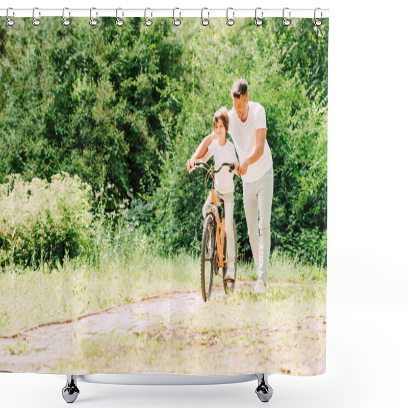 Personality  Full Length View Of Father Helping Son By Holding Handles Of Bike While Son Riding Bicycle Shower Curtains