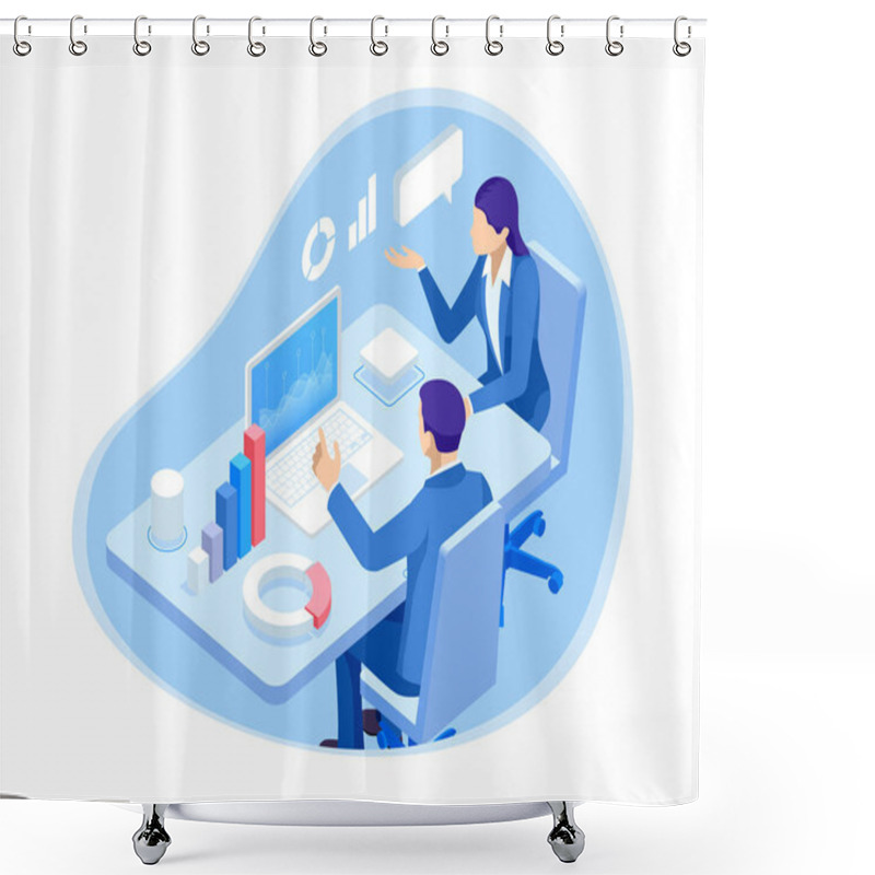 Personality  Isometric Business People Characters. Data Analysis. Teamwork And Partnership. Business People Characters Working Together On Project. Financial Research Shower Curtains