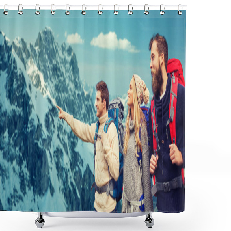 Personality  Group Of Smiling Friends With Backpacks Hiking Shower Curtains