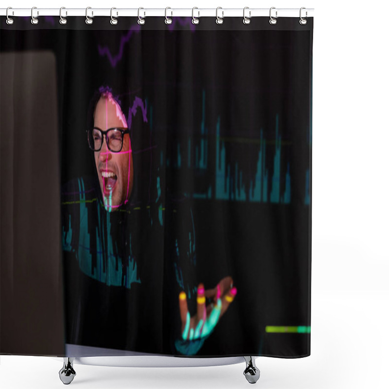 Personality  Angry Hacker With Charts Reflection Using Computer On Black Background  Shower Curtains