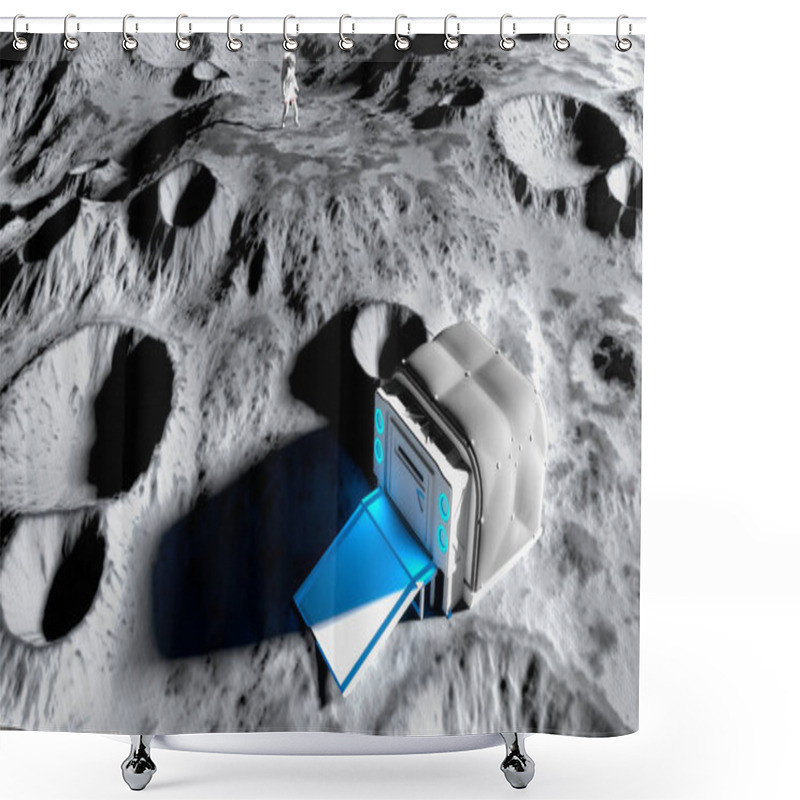 Personality  Lunar Base, Spatial Outpost. First Settlement On The Moon. Space Missions. Living Modules For The Conquest Of Space. 3d Rendering. The Earth Seen From The Moon Shower Curtains