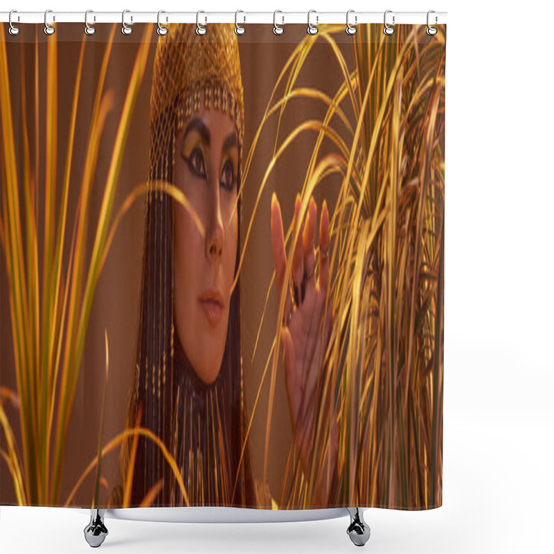 Personality  Stylish Woman In Egyptian Headdress And Necklace Touching Desert Plants Isolated On Brown, Banner Shower Curtains