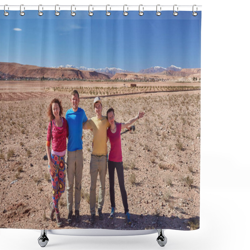 Personality  A Group Of Tourists Are Photographed In A Valley Near Marrakech, Against The Backdrop Of The Atlas Mountains, Morocco Shower Curtains