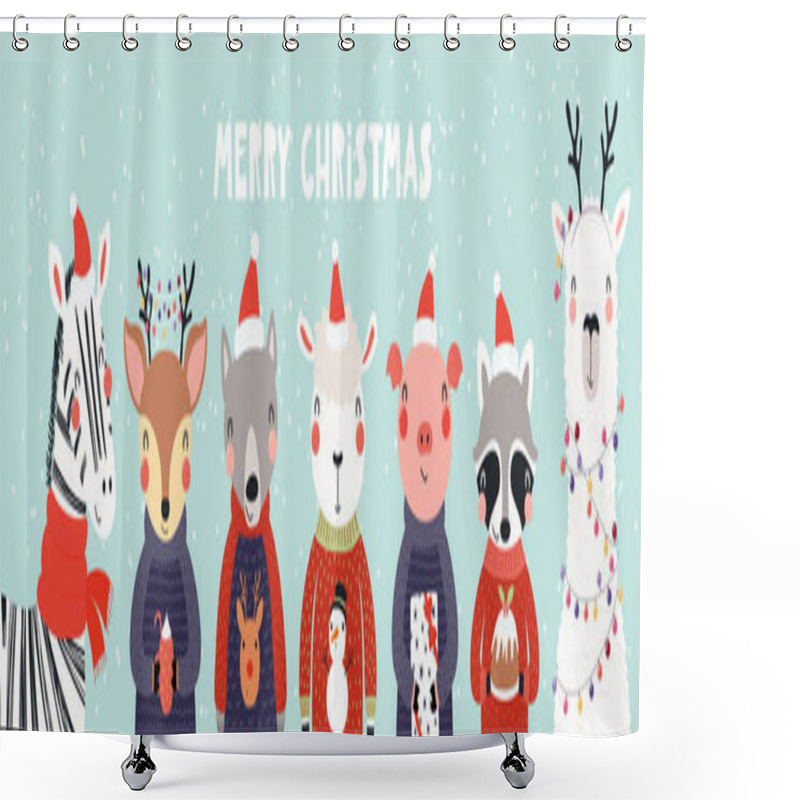 Personality  Hand Drawn Card, Banner With Cute Animals In Santa Claus Hats, Sweaters, Lights, , Gifts, Text Merry Christmas. Scandinavian Style Flat Design. Concept Kids Print, Invite. Shower Curtains