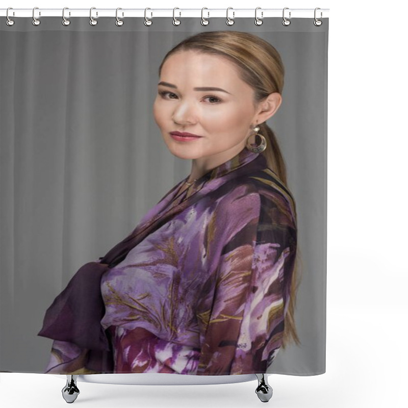 Personality  Portrait Of Beautiful Elegant Kazakh Woman Looking At Camera Isolated On Grey     Shower Curtains