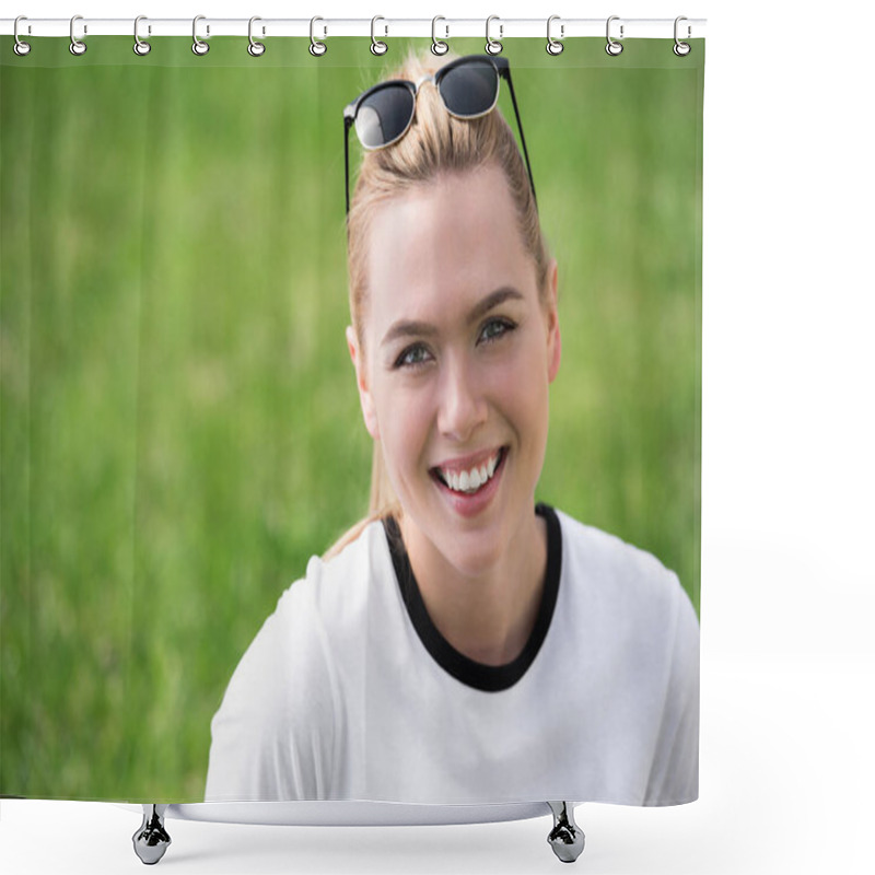 Personality  Portrait Of Beautiful Blonde Girl With Sunglasses On Head Smiling At Camera Outdoors Shower Curtains