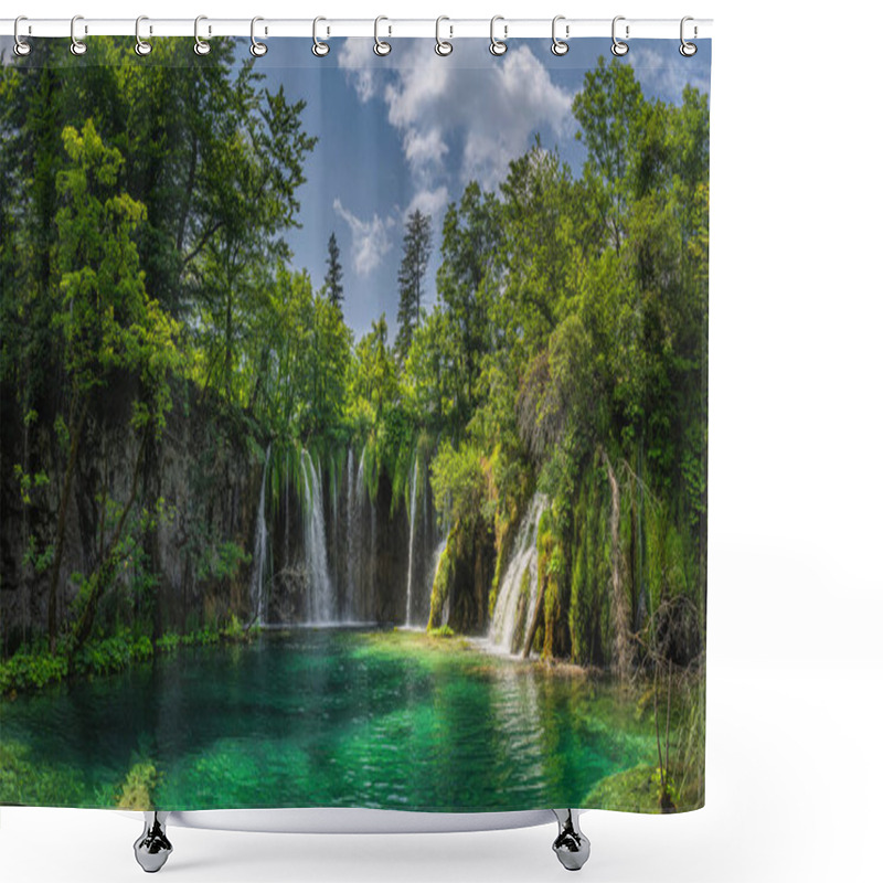 Personality  Panorama With Waterfalls, Water Coming Down From Lichens To Turquoise Coloured Lake In Plitvice Lakes Shower Curtains