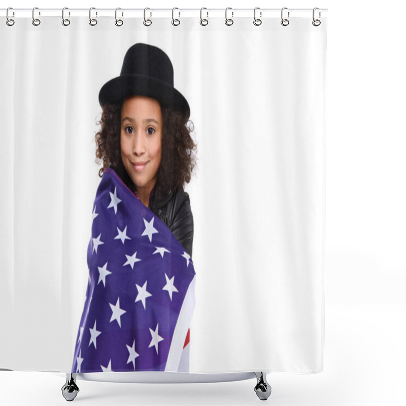 Personality  Beautiful Little Child In Hat Covered In Usa Flag Isolated On White Shower Curtains