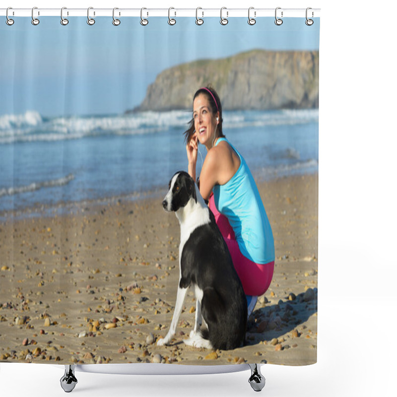 Personality  Sporty Woman And Dog On Beach Shower Curtains