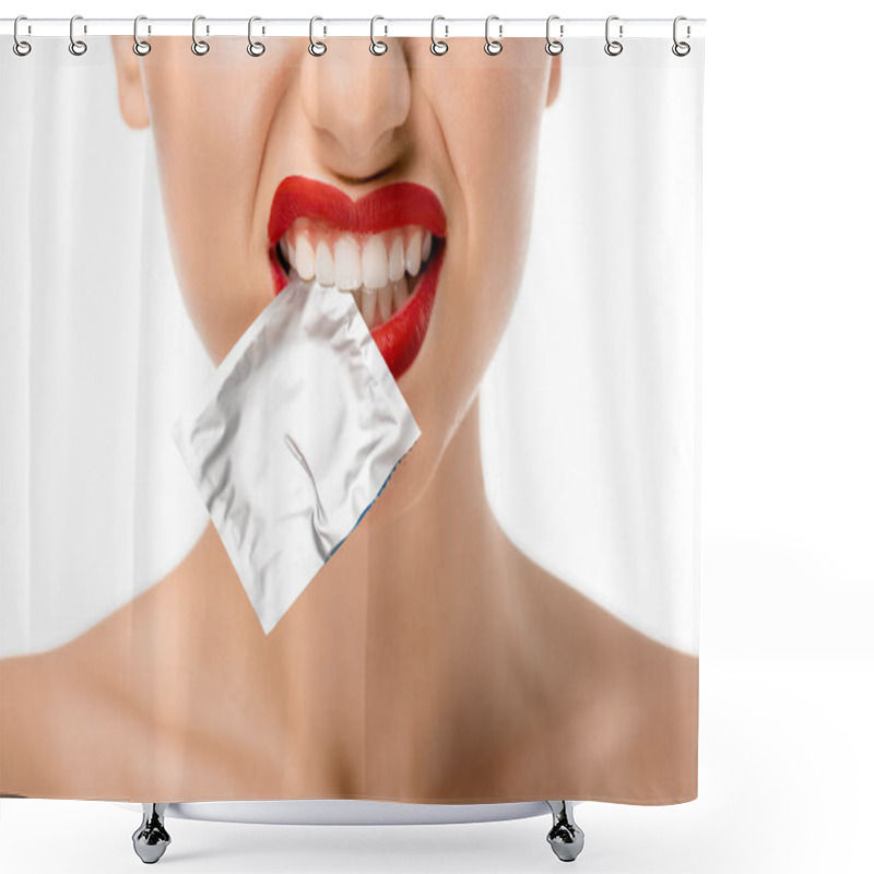 Personality  Cropped Shot Of Young Woman Holding Condom In Teeth Isolated On White Shower Curtains