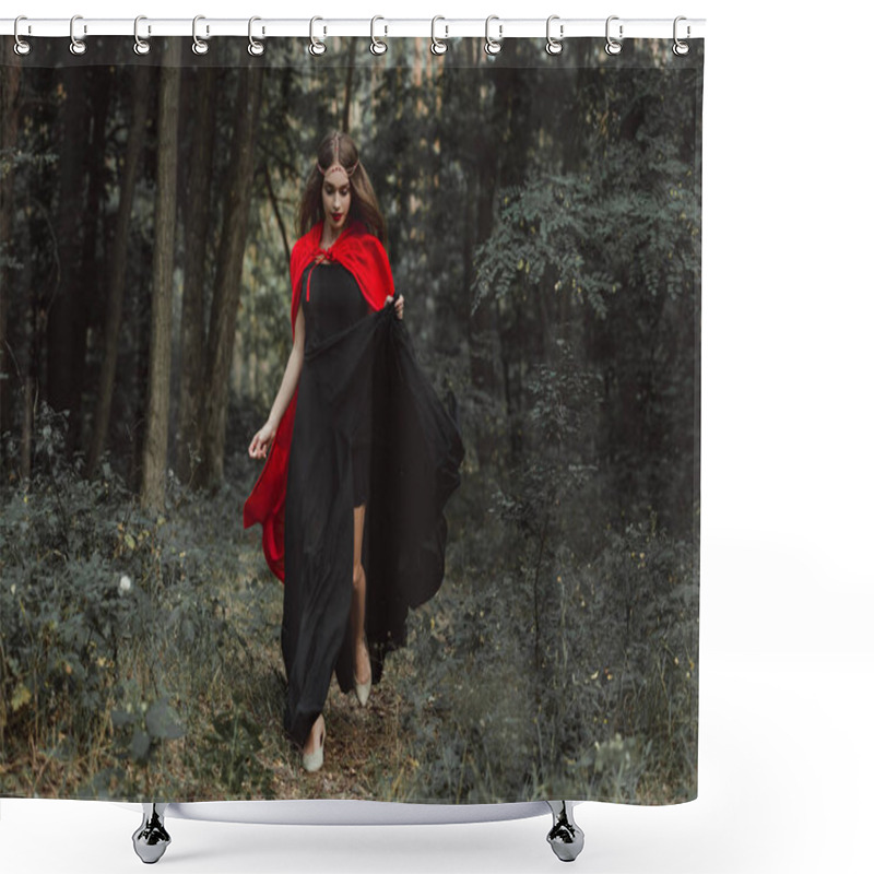 Personality  Elegant Mystic Girl In Black Dress And Red Cloak Running In Woods Shower Curtains