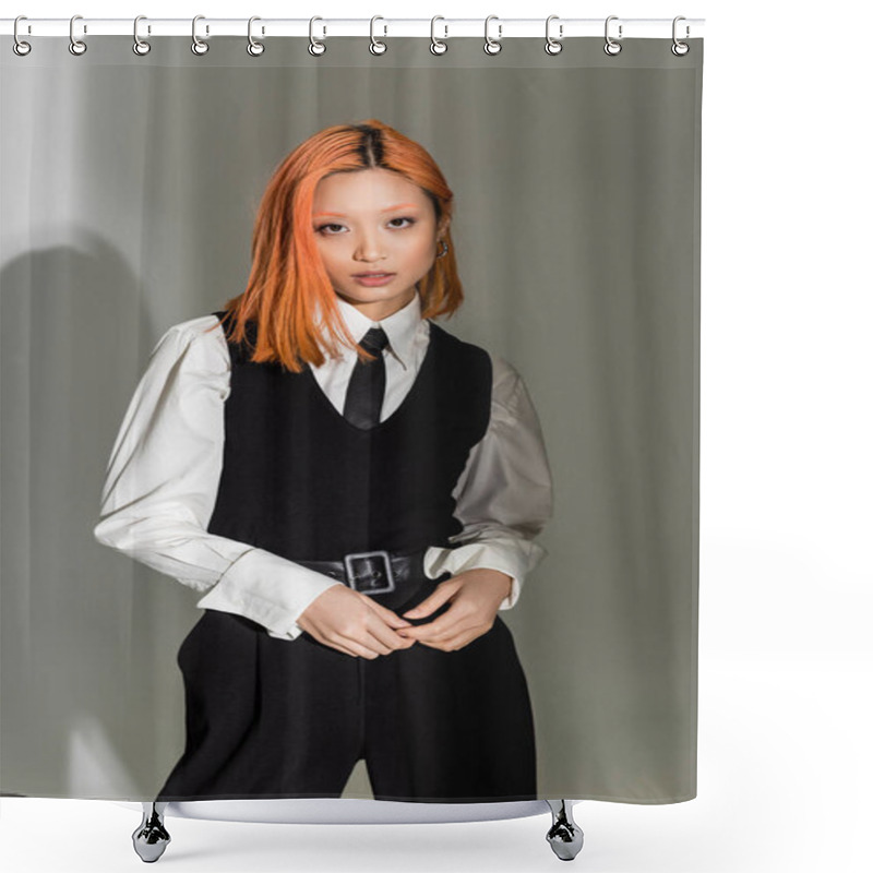 Personality  Charming And Red Haired Asian Woman In White Shirt, Black Tie, Vest And Pants Looking At Camera On Grey Shaded Background, Business Casual Fashion, Generation Z Lifestyle Shower Curtains