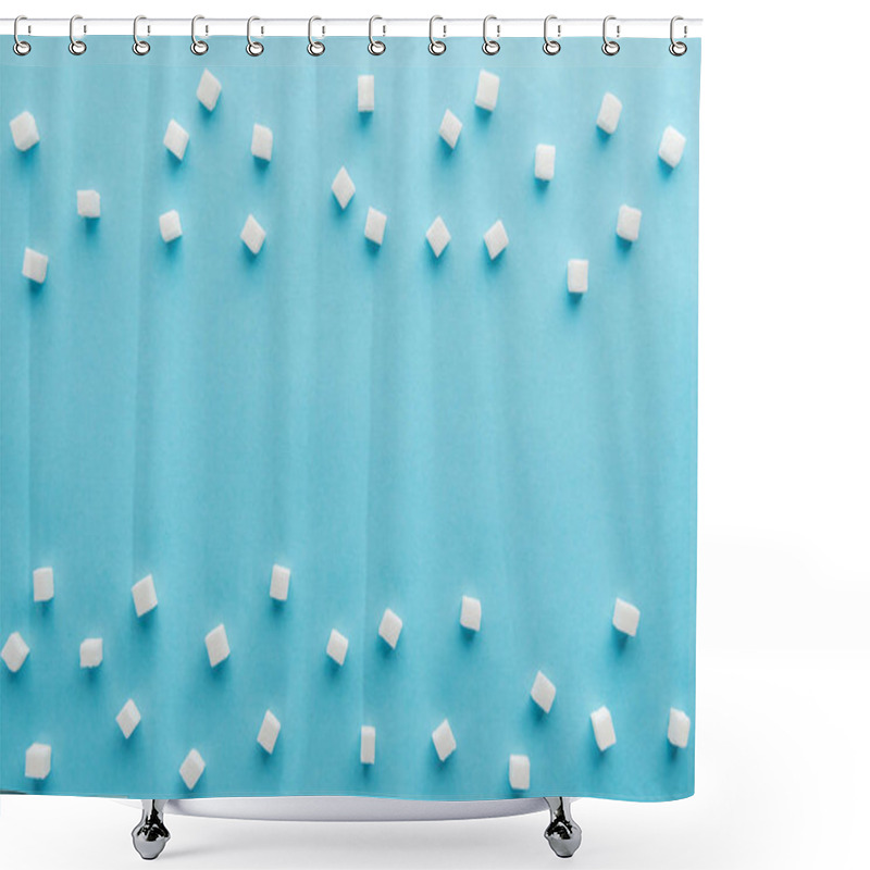 Personality  Top View Of White Sugar Cubes With Copy Space On Blue Background Shower Curtains