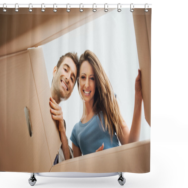 Personality  Happy Couple Opening A Box Shower Curtains