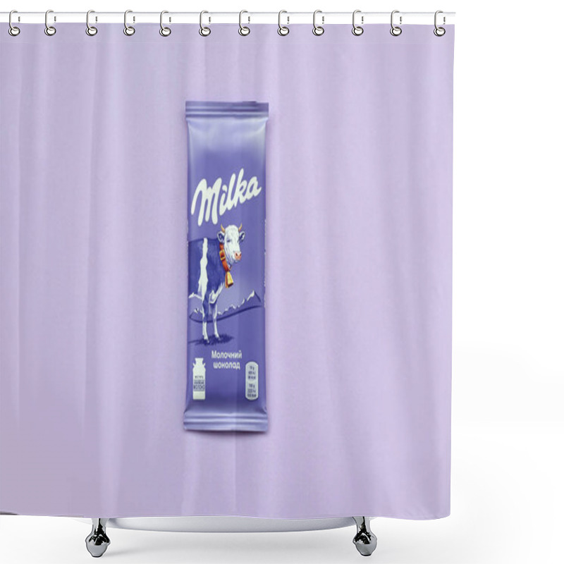 Personality  Milka Chocolate Tablet In Classic Violet Wrapping On Lilac Background. Milka Is Brand Of Chocolate Confection Originated In Switzerland In 1901 Shower Curtains