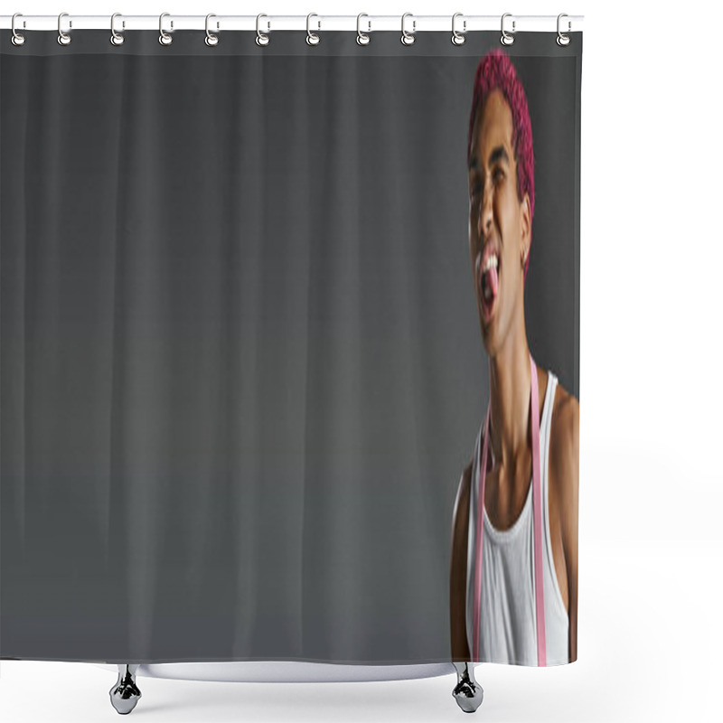 Personality  Stylish Pink Haired Man Sticking Out His Tongue Wearing Pink Suspenders, Fashion And Style, Banner Shower Curtains