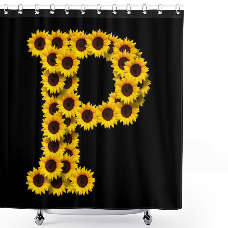 Personality  Capital Letter P Made Of Yellow Sunflowers Flowers Isolated On Black Background. Design Element For Love Concepts Designs. Ideal For Mothers Day And Spring Themes Shower Curtains