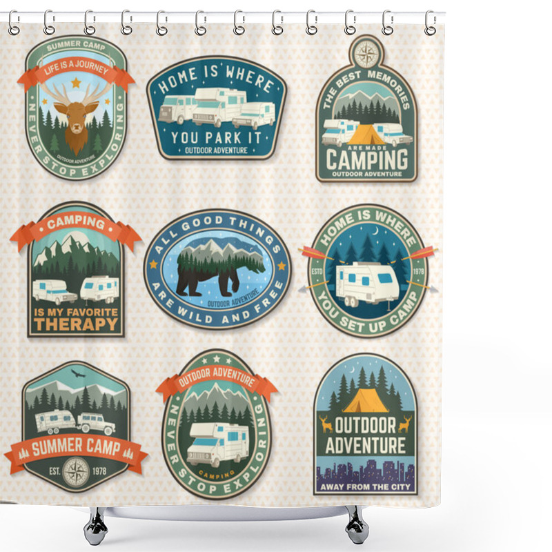 Personality  Set Of Rv Camping Badges, Patches. Vector. Concept For Shirt Or Logo, Print, Stamp Or Tee. Vintage Typography Design With RV Motorhome, Camping Trailer And Off-road Car Silhouette. Shower Curtains