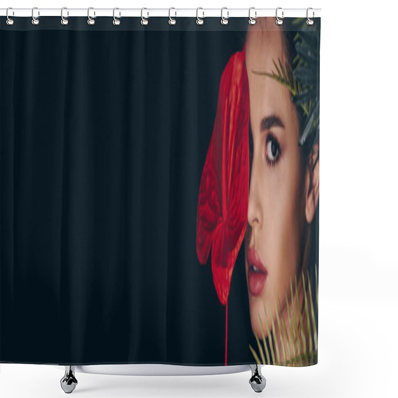 Personality  Portrait Of Attractive Woman Looking At Camera And Covering Face With Anthurium Isolated On Black, Panoramic Shot Shower Curtains