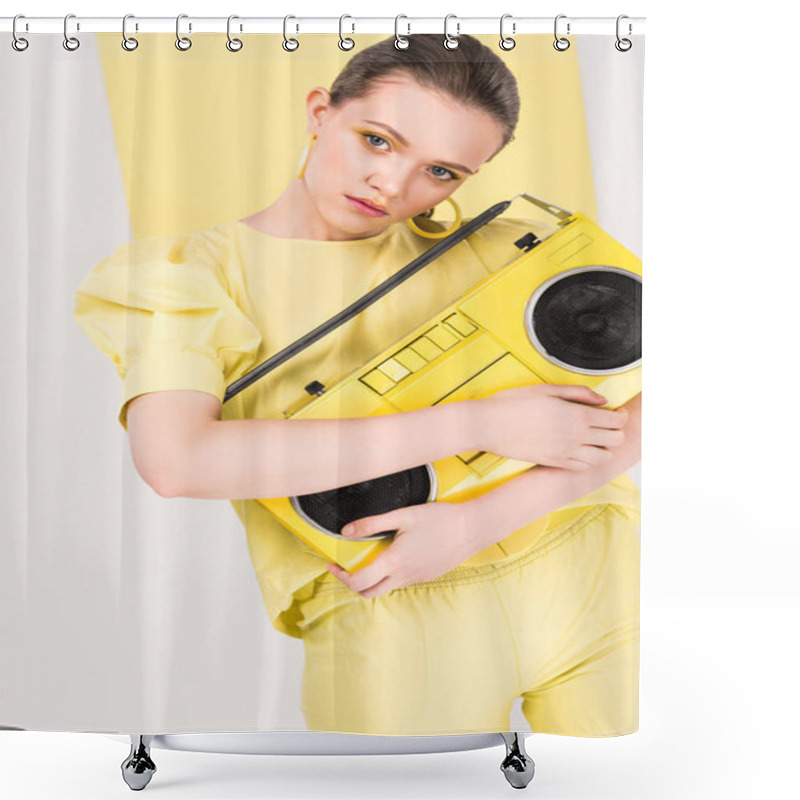 Personality  Beautiful Stylish Girl Holding Retro Boombox And Posing With Limelight On Background Shower Curtains