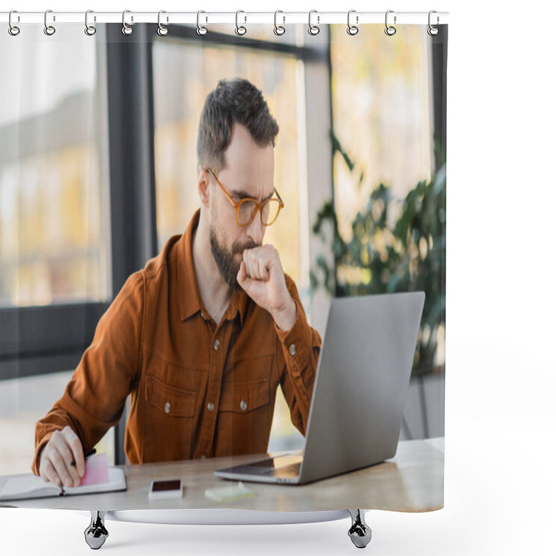 Personality  Thoughtful Bearded Businessman In Eyeglasses Holding Pen With Sticky Notes And Looking At Laptop Near Cellphone With Blank Screen And Notebook On Work Desk In Office Shower Curtains