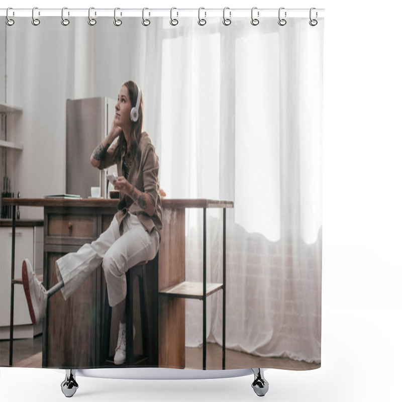 Personality  Beautiful Young Woman With Prosthetic Leg Using Headphones And Smartphone On Kitchen Shower Curtains