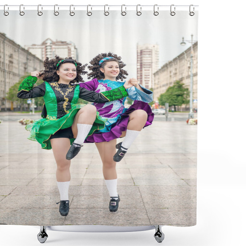 Personality  Two Women In Irish Dance Dresses Dancing Shower Curtains