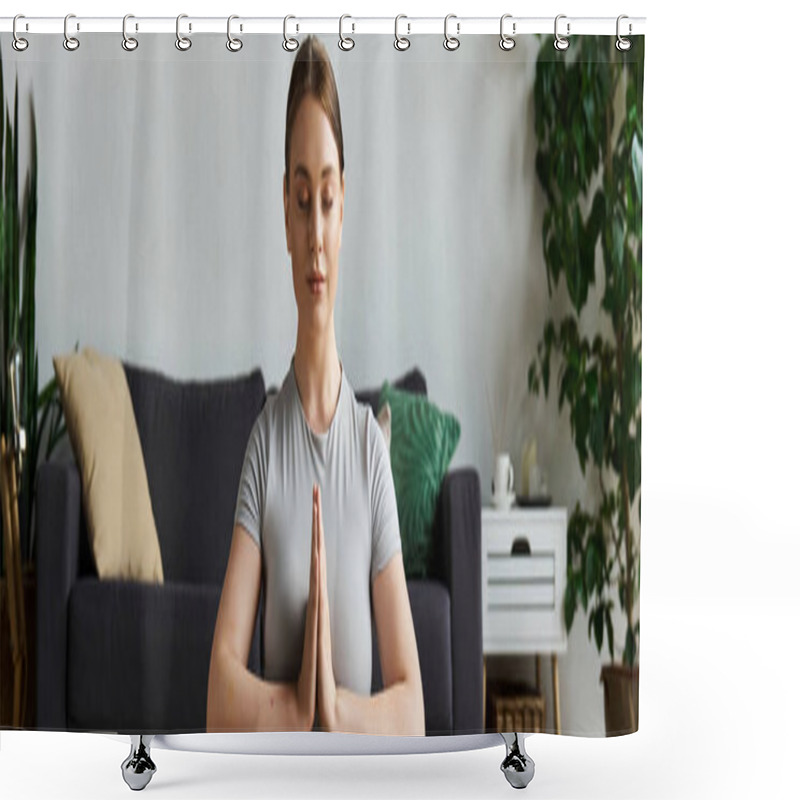 Personality  A Dedicated Young Woman Practices Yoga In Her Cozy Living Room, Embracing Mindfulness And Fitness. Shower Curtains