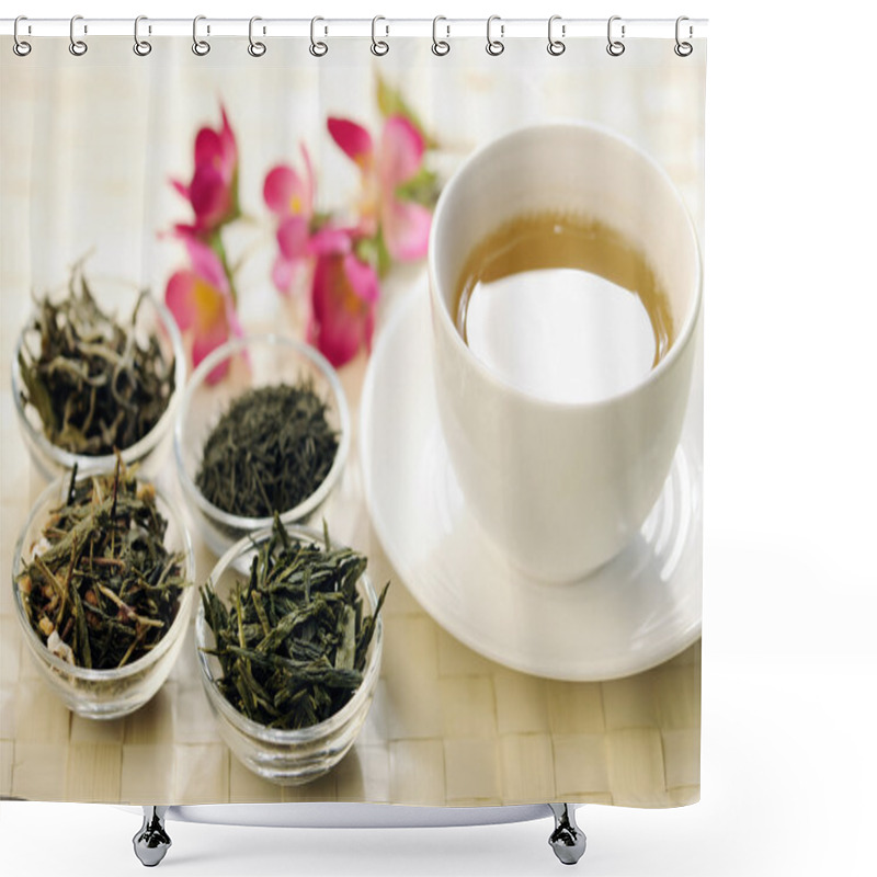 Personality  Different Sorts Of Green Tea And Cup Shower Curtains