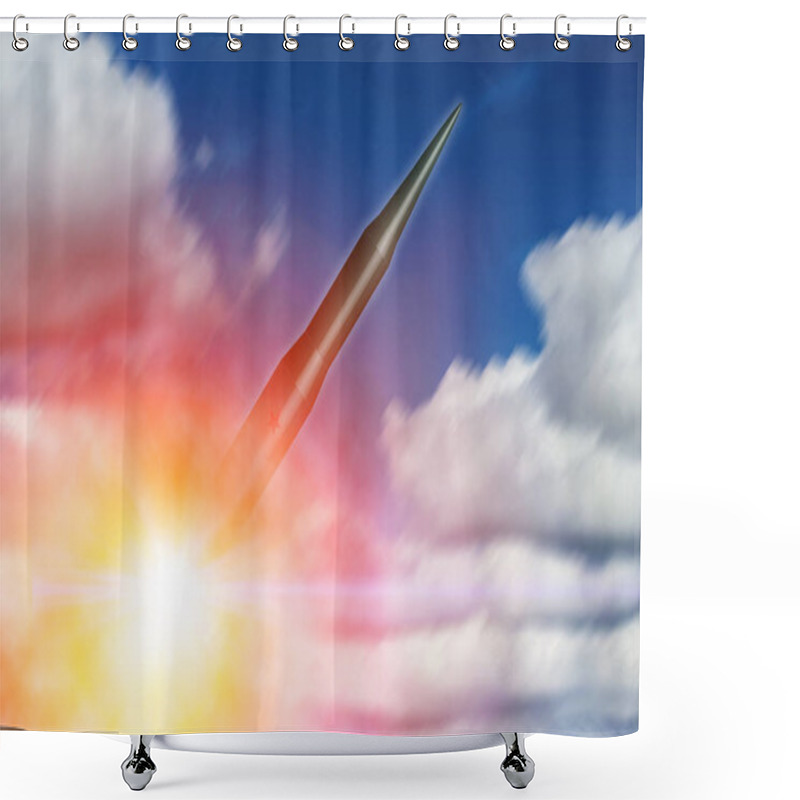 Personality  Intercontinental Ballistic Missile (ICBM) Rocket Lunched Flying In The Sky For Nuclear Bomb Test Illustration Concept. Shower Curtains