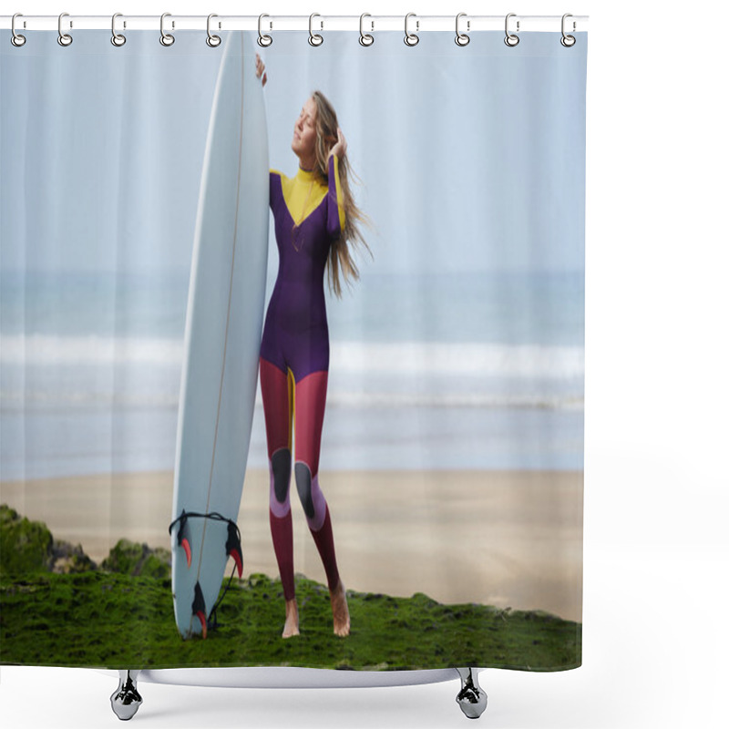 Personality  Sexy Surfer Girt Holding Her Surfboard Against Ocean With Beautiful Waves On Background Shower Curtains