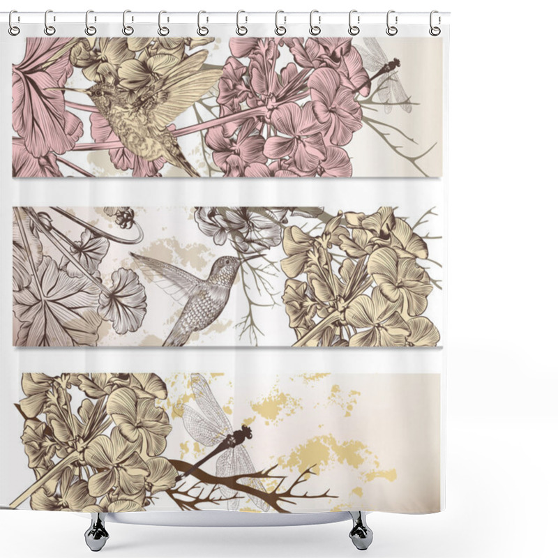 Personality  Vector Set Of Floral Backgrounds With Birds And Flowers Shower Curtains