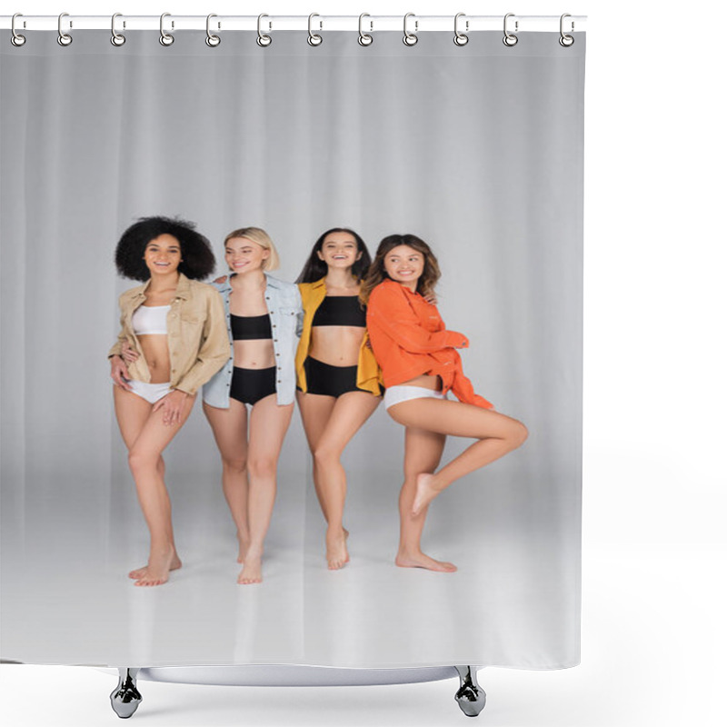 Personality  Joyful Interracial Women In Shirts And Underwear Standing On Grey Shower Curtains