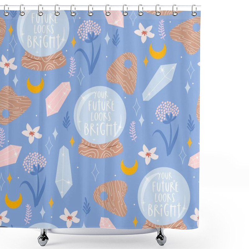 Personality  Cute Pastel Seamless Pattern With Crystal Ball, Ouija Board, Crystals, Moons, And Flowers On A Blue Background Shower Curtains