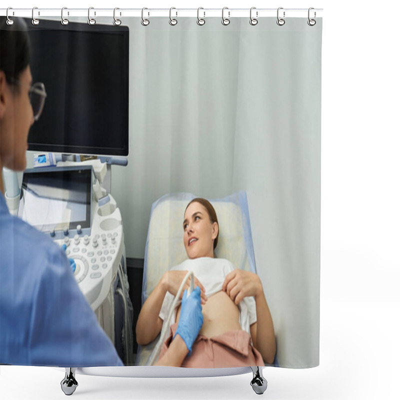 Personality  A Gynecologist In A Lab Coat Performs An Ultrasound On A Female Patient In A Healthcare Setting. Shower Curtains