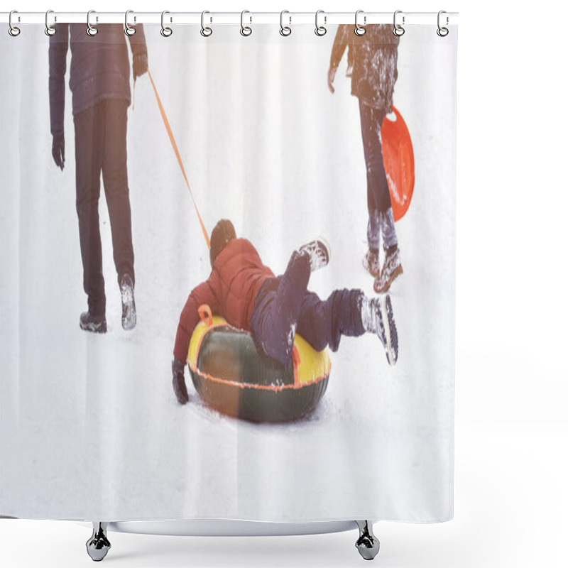 Personality  People Climb A Snowy Mountain To Move Out Of It. Winter Roller Coaster Ride, Background Shower Curtains