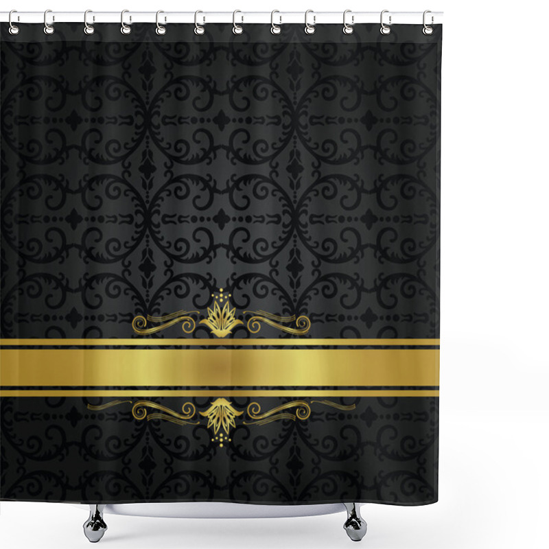 Personality  Seamless Black Floral Wallpaper And Gold Ribbon Shower Curtains