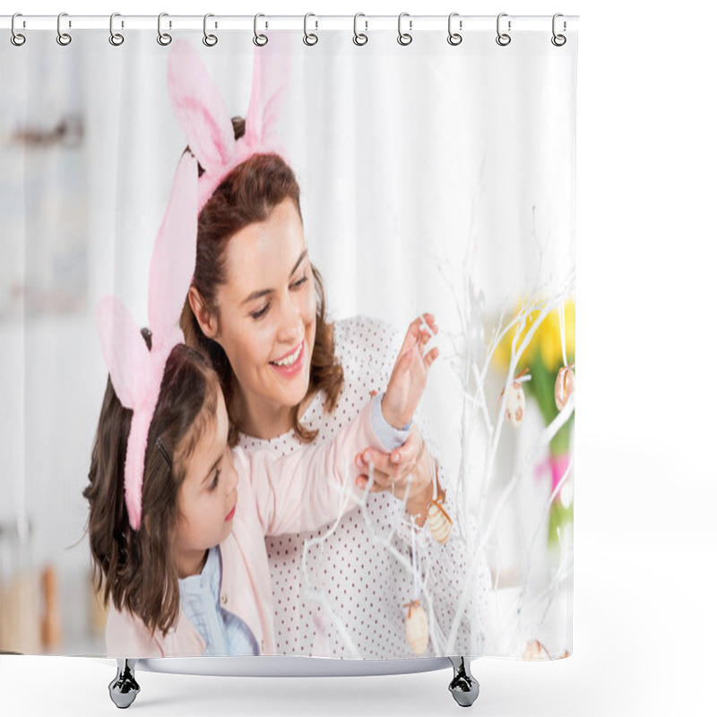 Personality  Joyful Mother And Daughter In Bunny Ears Decorating Easter Tree Together Shower Curtains