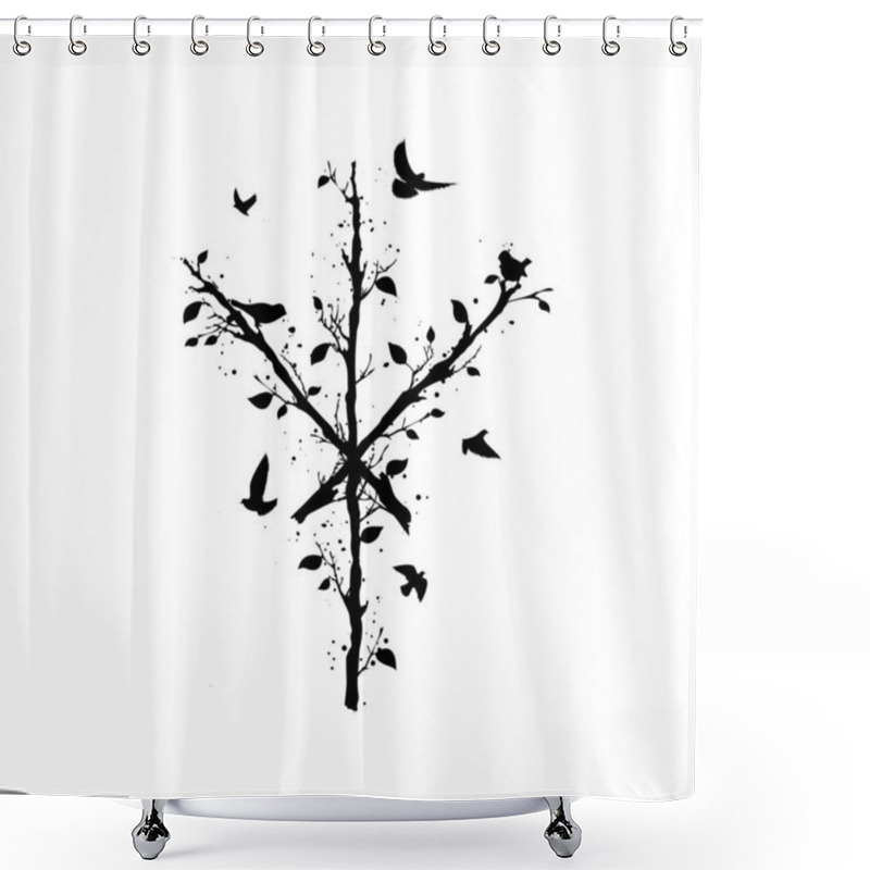 Personality  White Old Grunge Texture With Abstract Scandinavian Bind Rune With Wooden Branches And Leaves. Viking Rune Tree Brancheswith Flying Birds Shower Curtains