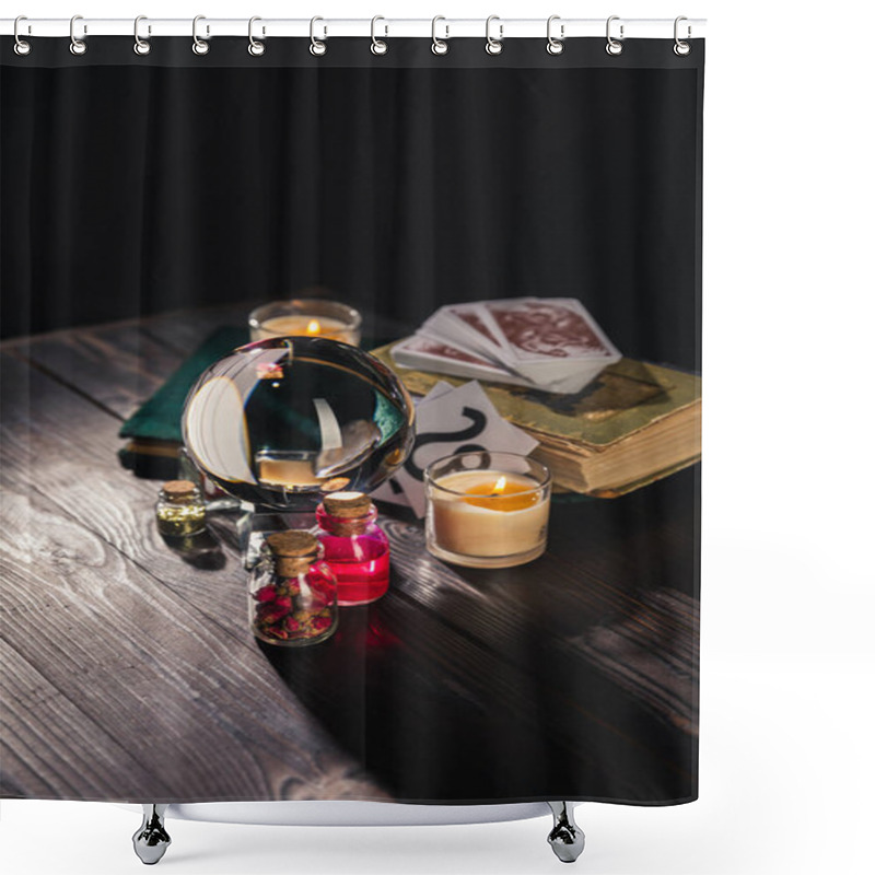 Personality  KYIV, UKRAINE - JANUARY 9, 2020: Selective Focus Of Crystal Ball, Candles And Occult Objects On Wooden And Black Background Shower Curtains