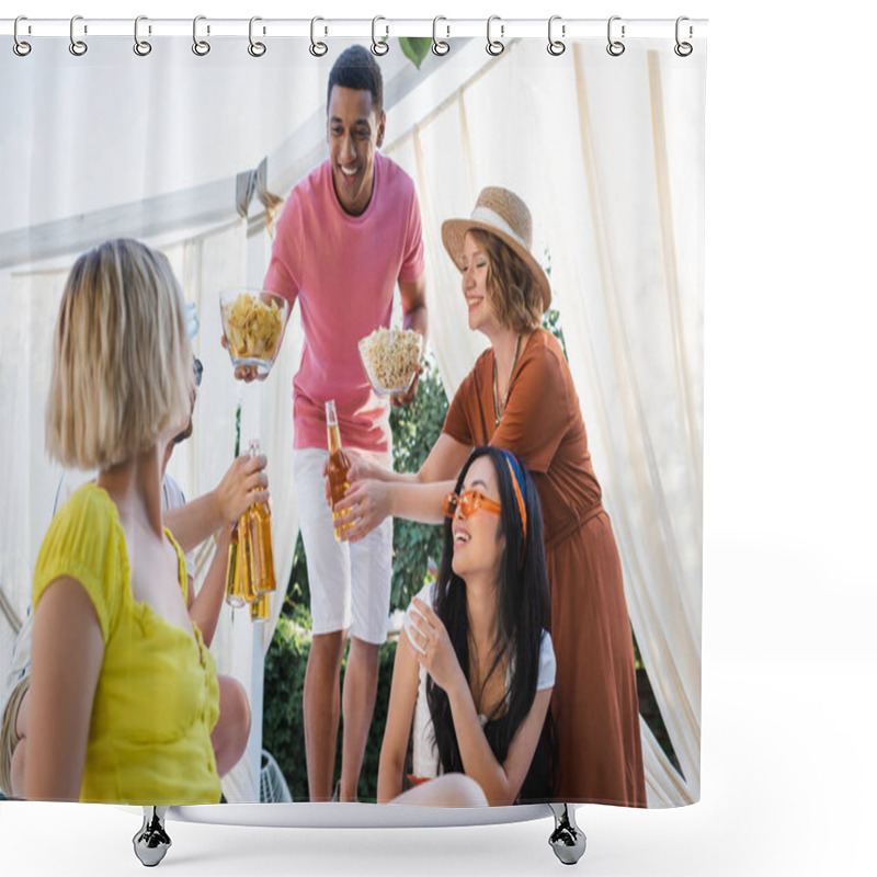 Personality  Happy African American Man Proposing Chips And Popcorn To Multiethnic Friends Drinking Beer In Patio Shower Curtains