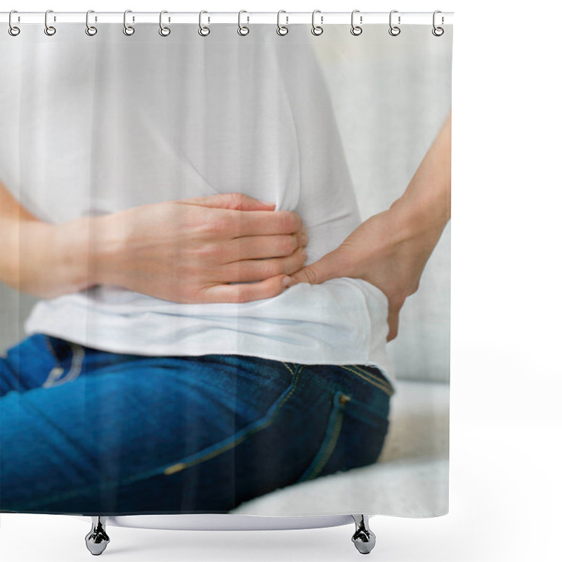 Personality  Unrecognizable Woman On The Bed With Kidney Pain. Shower Curtains