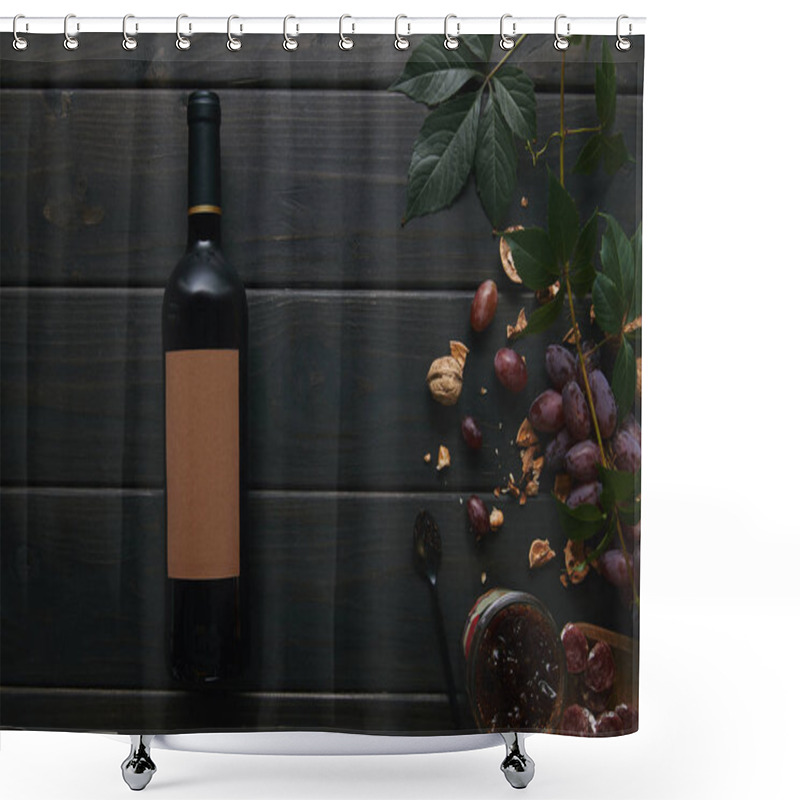 Personality  Top View Of Wine Bottle With Blank Label, Grapes, Nuts And Jam On Wooden Surface Shower Curtains