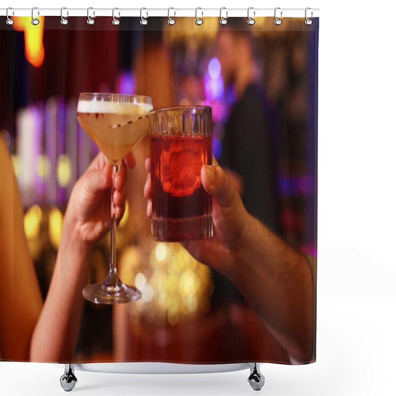 Personality  People Clinking Glasses With Fresh Cocktails In Bar, Closeup Shower Curtains