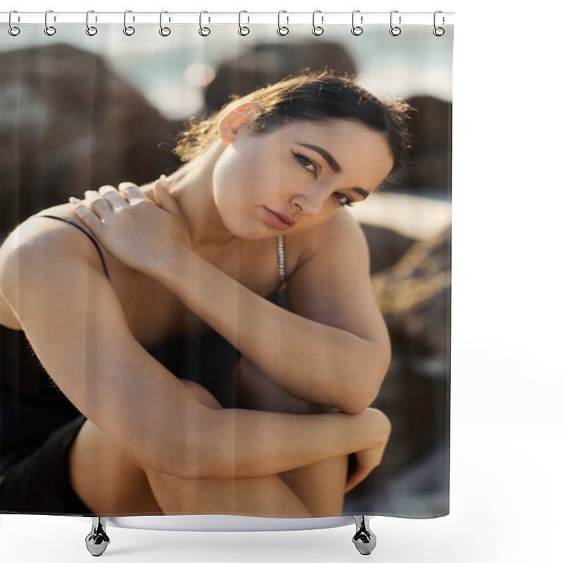 Personality  A Young Woman In A Black Sundress Sits On Miami Beach, Her Eyes Gazing At The Camera. Shower Curtains