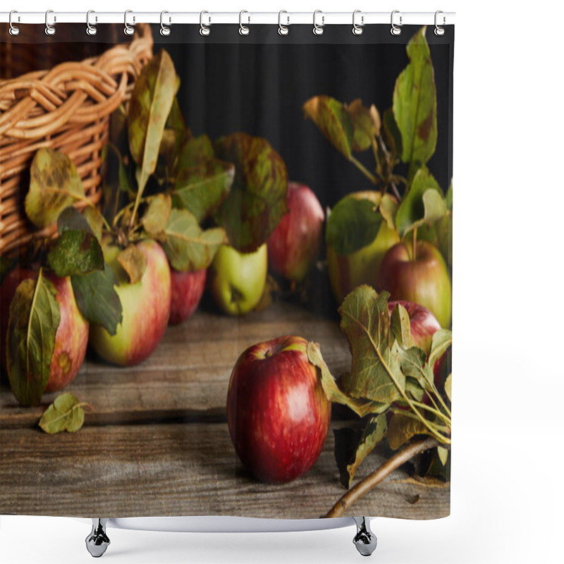 Personality  Wooden Surface With Apples And Leaves Near Wicker Basket Isolated On Black Shower Curtains