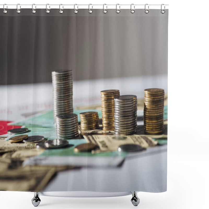 Personality  Selective Focus Of Stacks On Dollar And Euro Banknotes With Grey Blurred Background Shower Curtains