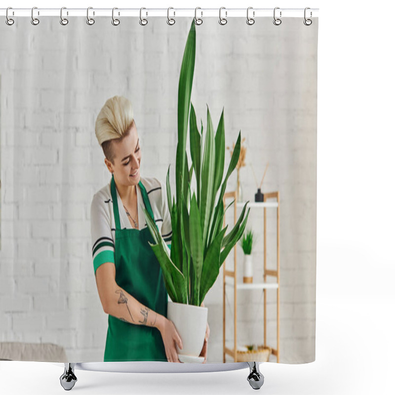 Personality  Young And Cheerful Tattooed Woman With Trendy Hairstyle Holding Exotic Plant In Flowerpot In Modern Apartment, Eco-conscious Mindset, Sustainable Home Decor And Green Living Concept Shower Curtains