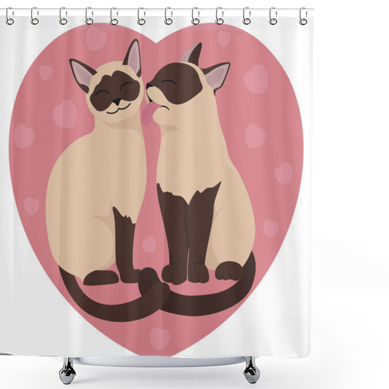 Personality  Two Siamese Cats, Pink Heart. Valentine`s Day Design. Vector Ill Shower Curtains